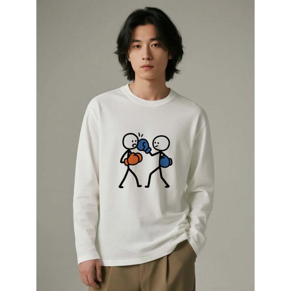 ボクシング スティックフィギュア プリント コットン長袖Tシャツ ユニセックスト　L00073
