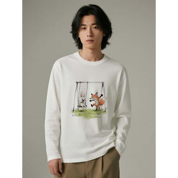 ブランコ遊び柄 ユニセックス コットン長袖Tシャツ うさぎとキツネのデザイン 100%綿 L00074