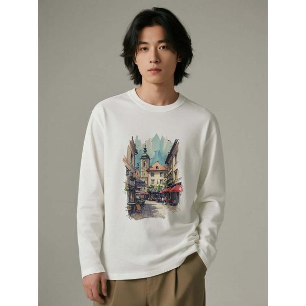 ヨーロピアンストリート プリント 長袖Tシャツ コットン100% ユニセックス カジュアル カットソー L00076