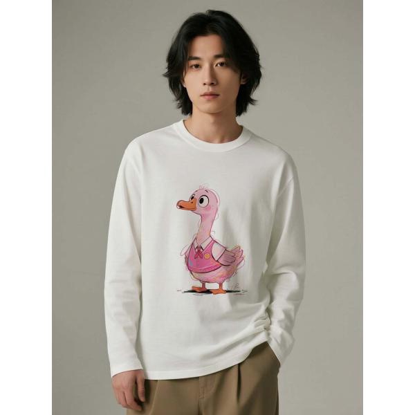 カジュアル ピンクダック プリント 長袖Tシャツ コットン100% ユニセックス L00080