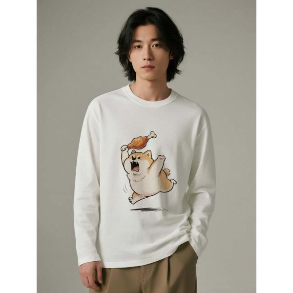 かわいい柴犬プリント 長袖Tシャツ コットン100% ユニセックス カットソーL00082