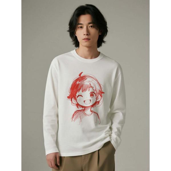 長袖Tシャツアニメキャラクター プリント コットン ユニセックス レッドデザイン カットソーL00083