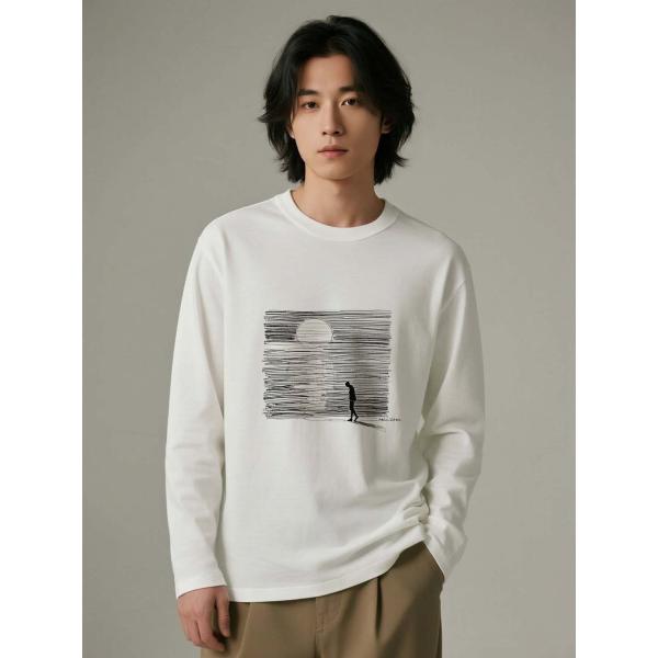 シンプルアートプリント長袖Tシャツ コットン100% ユニセックス モノクロデザイン L00084