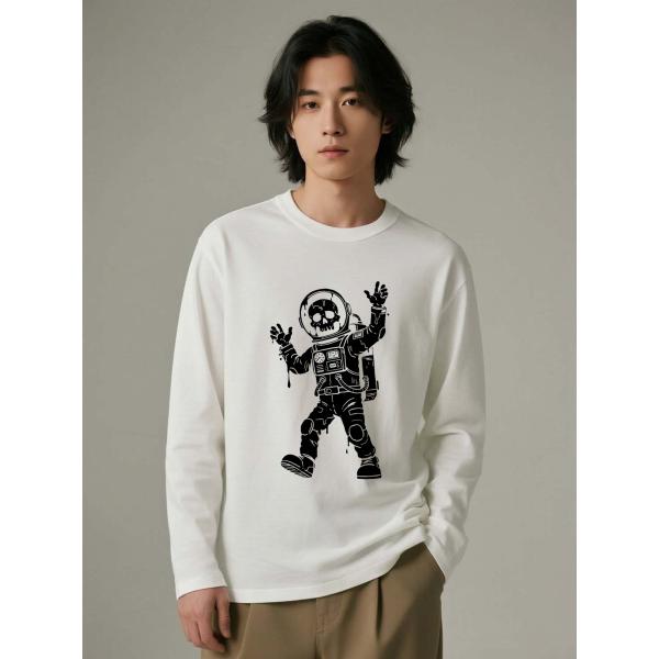 スペースアストロノートスカル プリント長袖Tシャツ コットン100% ユニセックス L00085