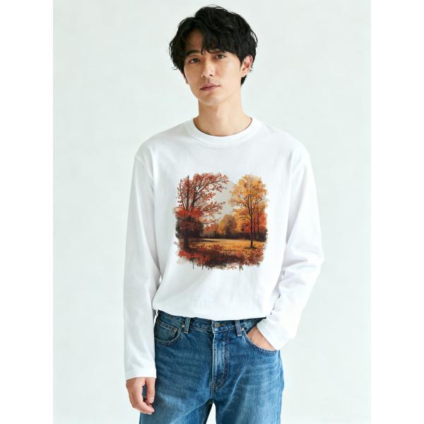 ユニセックス 秋の風景プリント 長袖Tシャツ コットン100% カジュアル トップス カットソー紅葉デザイン L00087
