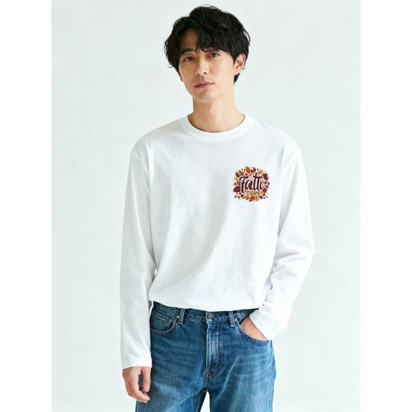 ユニセックス コットン 長袖Tシャツ 100%綿素材 秋のリーフデザイン カジュアルトップス カットソーL00088