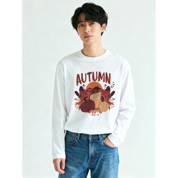 秋のパンプキンデザイン ロングスリーブTシャツ コットン100% ユニセックス 長袖カットソーL00089
