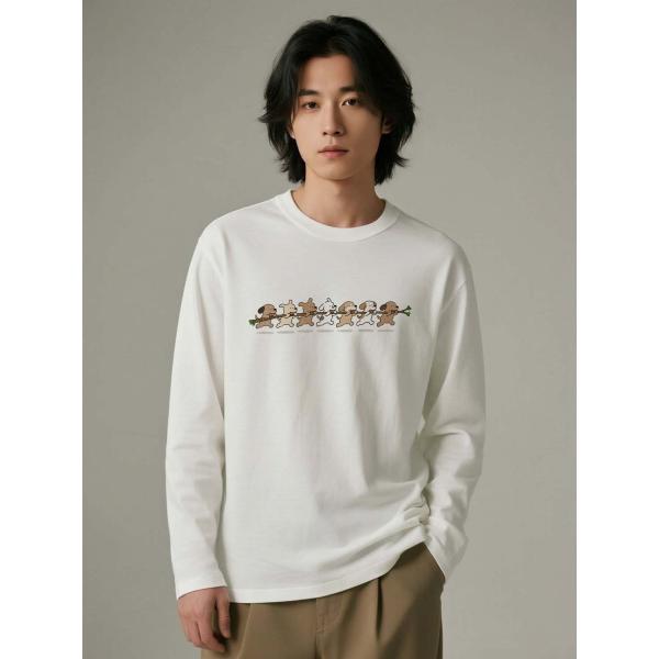 かわいい子犬のプリント入り コットン100% 長袖Tシャツ ユニセックス カジュアルトップス カットソーL00090