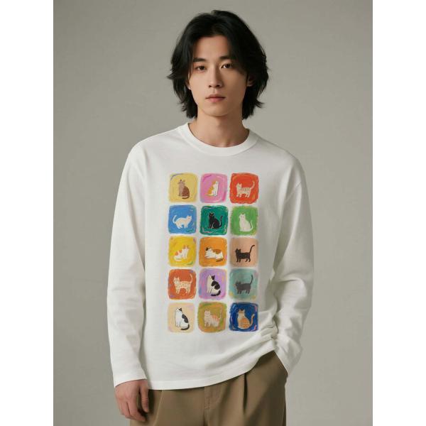 長袖Tシャツカラフル猫柄 コットン100% ユニセックス クルーネック カットソー アートプリントデザインL00091