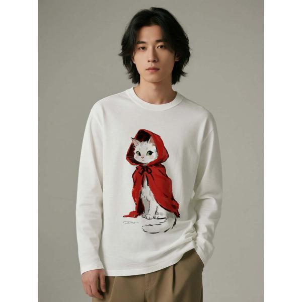 長袖Tシャツユニセックス 赤ずきんちゃん猫プリント コットン クルーネック カジュアルトップス L00092
