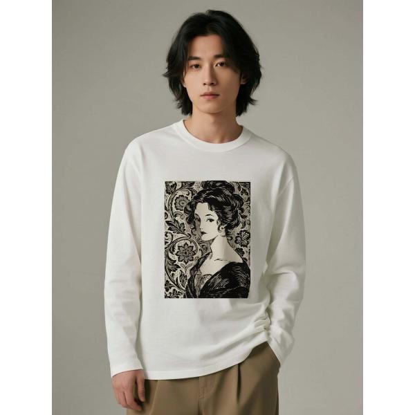 長袖 Tシャツヴィンテージ アート プリント コットン ユニセックス フローラル デザイン モノクロ イラスト L00093