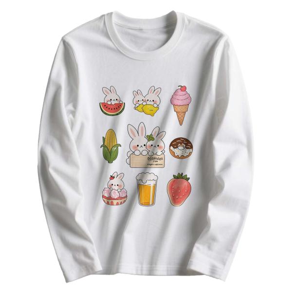 かわいいウサギプリント コットン長袖Tシャツ ユニセックス 食べ物イラストデザイン カジュアルトップス L00097
