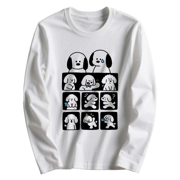 かわいい子犬のイラスト 長袖Tシャツ コットン100% ユニセックス, カジュアルトップス 犬柄プリントL00099