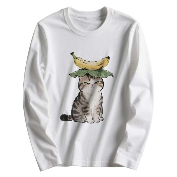 ユニセックス 猫とバナナ プリント コットン長袖Tシャツ 100%綿素材 カジュアルトップス カットソー L00103