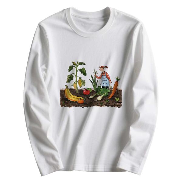 ガーデニングプリント コットン長袖Tシャツ ユニセックス 野菜畑イラストデザイン カジュアルトップス L00107