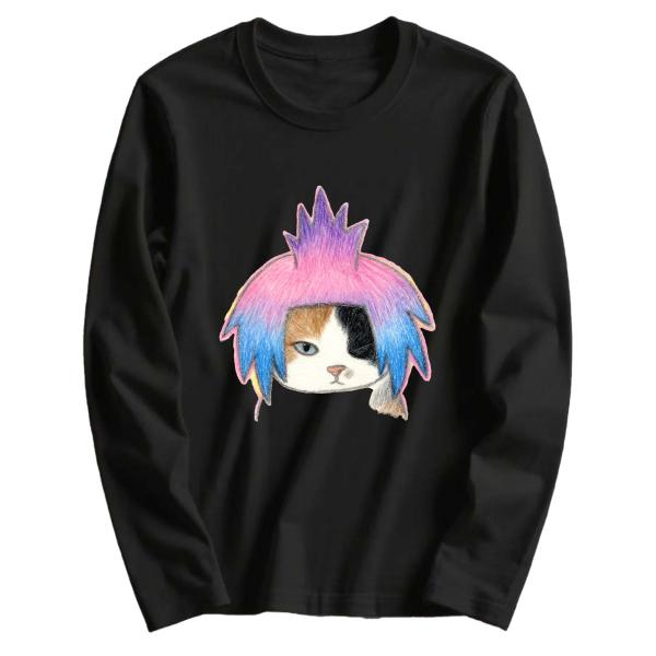 カラフル猫デザイン 長袖 Tシャツ コットン100% ユニセックス パンク キャット プリント カットソー L00125