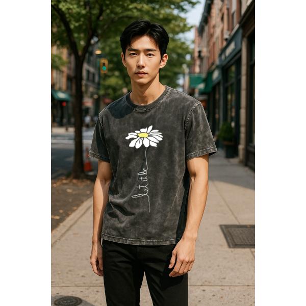ウォッシュTシャツ クルーネック ユニセックス 綿100％ 男女兼用デイジー柄 M00011