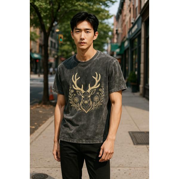 ウォッシュTシャツ クルーネック ユニセックス 綿100％ 大きいサイズ 男女兼用フローラル鹿柄 M00013