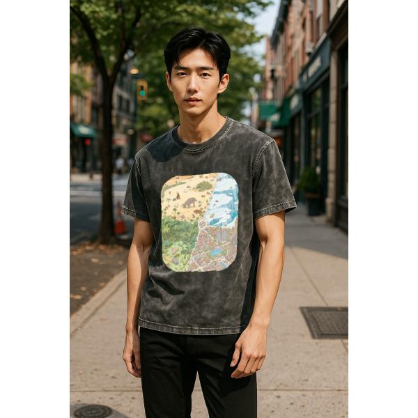 ウォッシュTシャツ クルーネック ユニセックス イラストプリント綿100％ 大きいサイズ 男女兼用 M00014