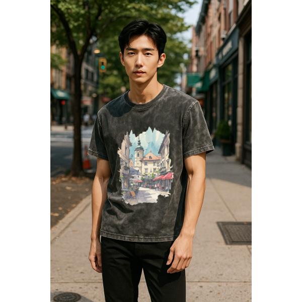 ウォッシュTシャツ クルーネック ユニセックス 綿100％ ヨーロピアンタウンプリント大きいサイズ 男女兼用 M00015