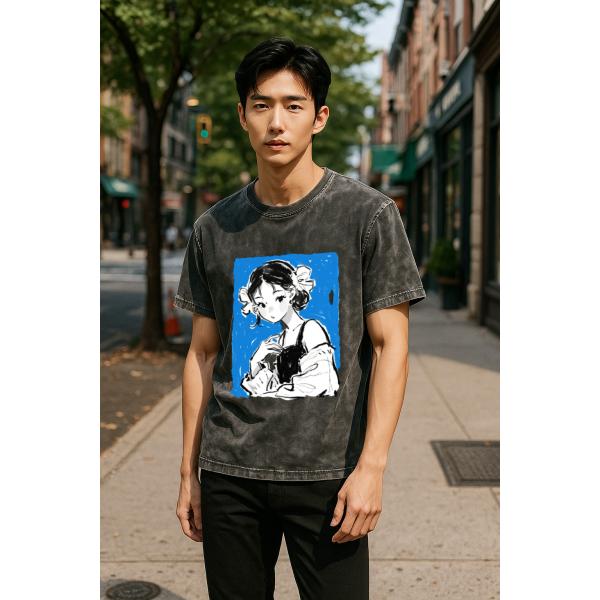 ウォッシュTシャツ クルーネック アニメアート ユニセックス 綿100％ 大きいサイズ 男女兼用 M00016