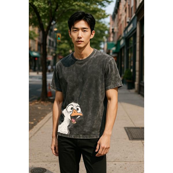 ウォッシュTシャツ ダック プリント クルーネック ユニセックス 綿100％ 大きいサイズ 男女兼用 M00018