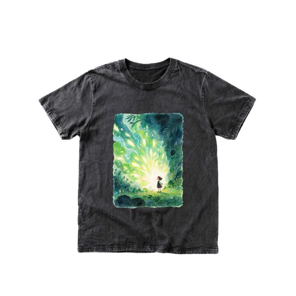 ウォッシュTシャツ アートプリント入りクルーネック 森の光景デザイン 綿100％ 大きいサイズ 男女兼用 M00020