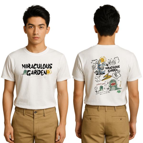 ユニークデザイン両面 T シャツ登場　前後差別化柄　ウサギと恐竜のコミカルアレンジでファッションアップ　S00003
