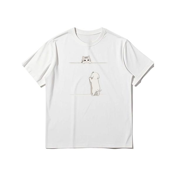 猫と犬のキュートなイラストプリント 半袖Tシャツ ホワイト クルーネック カジュアルスタイルZ00039