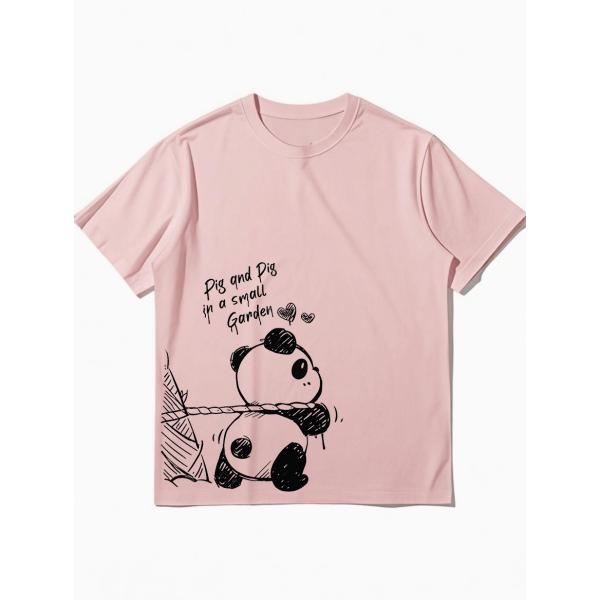 パンダプリント 半袖Tシャツ ピンク クルーネック カジュアル ZP00003
