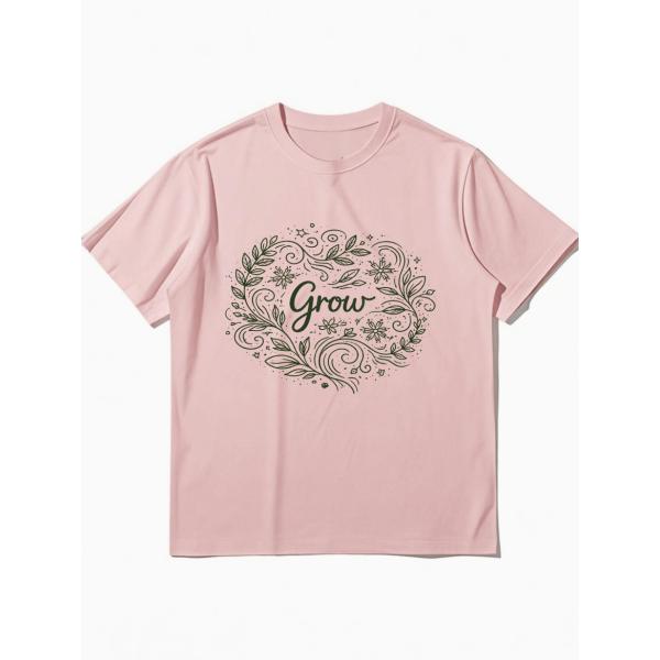 プリント 半袖Tシャツ ピンク 花柄・葉っぱデザイン クルーネック カジュアルスタイル ZP00004