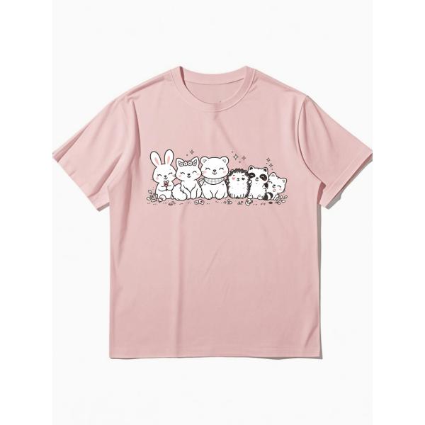 キュートな動物プリント 半袖Tシャツ ピンク クルーネック カジュアルスタイル ZP00005