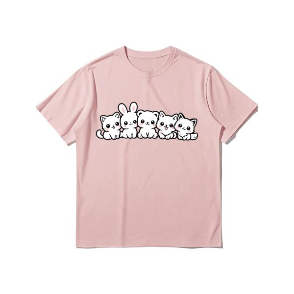 キュートな動物プリント 半袖Tシャツ ピンク クルーネック 猫とウサギのカワイイデザイン ZP00006