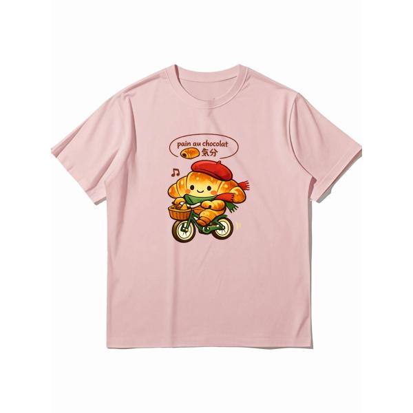 キュートなクロワッサンキャラクター自転車グラフィック半袖Tシャツ ピンク カジュアルスタイル ZP00008
