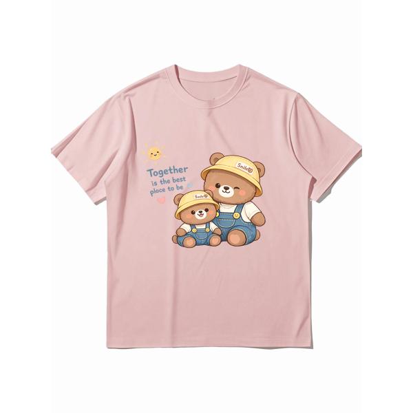 キュートなクマ柄 半袖Tシャツ ピンク カジュアル ユニセックス ZP00009