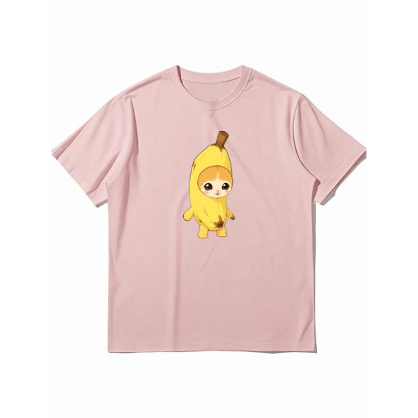 バナネコ グラフィック プリント Tシャツ ピンク 半袖 クルーネック カジュアル かわいい キャラクター デザイン ZP00010