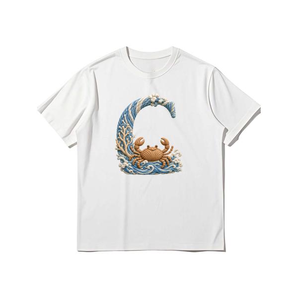 海の世界観が美しく統一された素晴らしいアルファベットシリーズ Tシャツ ホワイト 半袖 クルーネックZR003