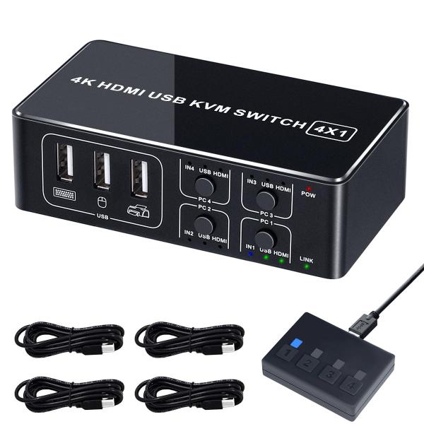 KVMスイッチ 4K60Hz HDMI USB 切替器 PC4台用 4入力1出力 アルミ制 モニター/キーボード/マウス/プリンタを共有 リモート切り