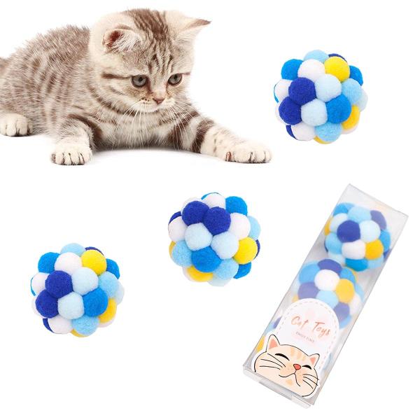 猫ポンポンボール 屋内猫用猫おもちゃ 子猫おもちゃ インタラクティブ ボール 猫カラー弾むボール ベル内蔵 運動不足解消 猫遊び用 一人遊び 3個セッ
