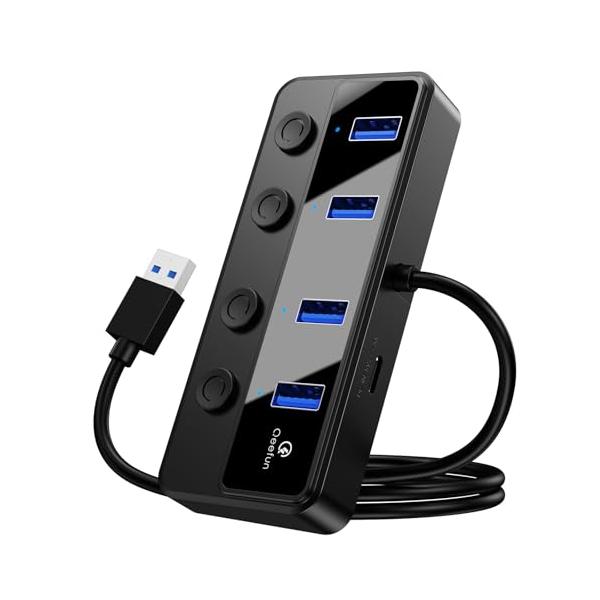 Qeefun USB ハブ スイッチ付き 【4×USB-A 】 usb 3.0 ハブ 電源付き 独立スイッチ LED表示灯 Type-C 給電用ポート