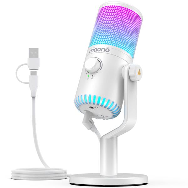 MAONO USB コンデンサーマイク ゲーミングマイク PC マイク 専用ソフトウェア RGBライティング ヘッドホン出力端子あり 単一指向性 プラ