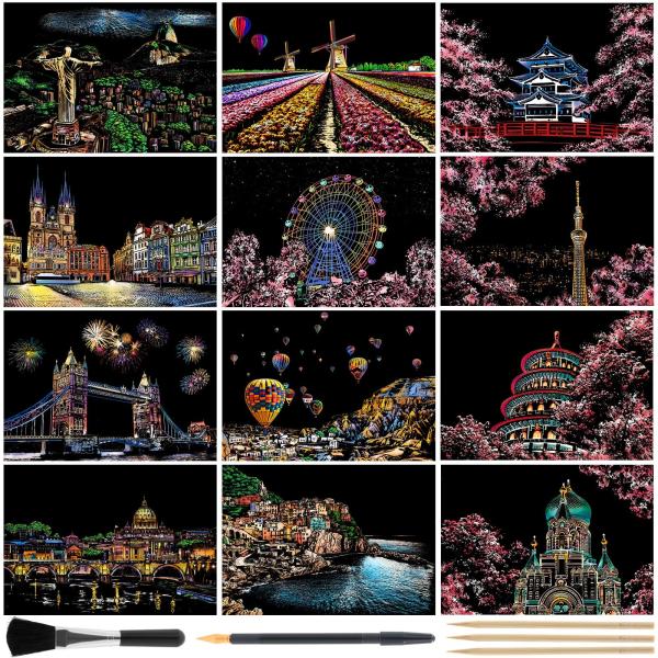 Kesote スクラッチアート 12枚 大人 塗り絵 【専用ペン付き】 削り絵 スクラッチシート 暇潰しグッズ ボケ防止 ひまつぶし お絵描きアート