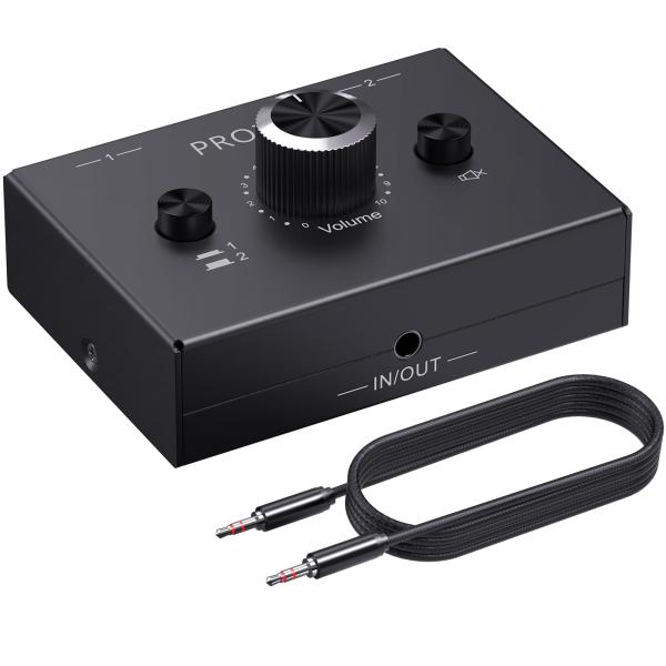 PROZOR 3.5mm オーディオスイッチャー 双方向 2入力1出力/1入力2出力 外部電源不要 プラグ＆プレイ 音量調整 ミュート機能 日本語説明