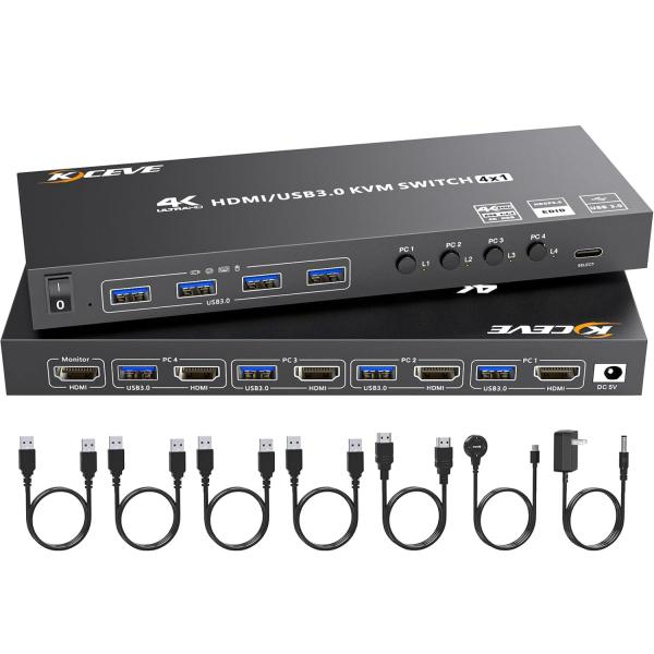 KCEVE HDMI USB3.0 KVMスイッチ 4入力1出力、4K@60Hz対応 EDIDエミュレーション搭載、USB3.0ポート×4、4台PCと