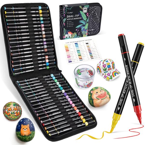 JusArt アクリルマーカーペン 36色セット ペイントマーカー 筆先 細字先両端 アクリル絵の具 イラスト アートマーカー カラーペン 水性 布/