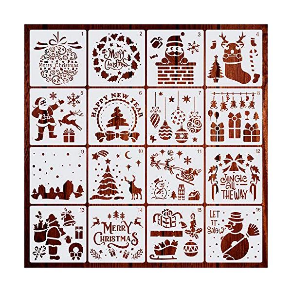 ステンシルシート クリスマス ステンシル テンプレート 描画 ステンシルプレート 手帳 スクラップブッキング アルバム 16枚セット (B 16pcs