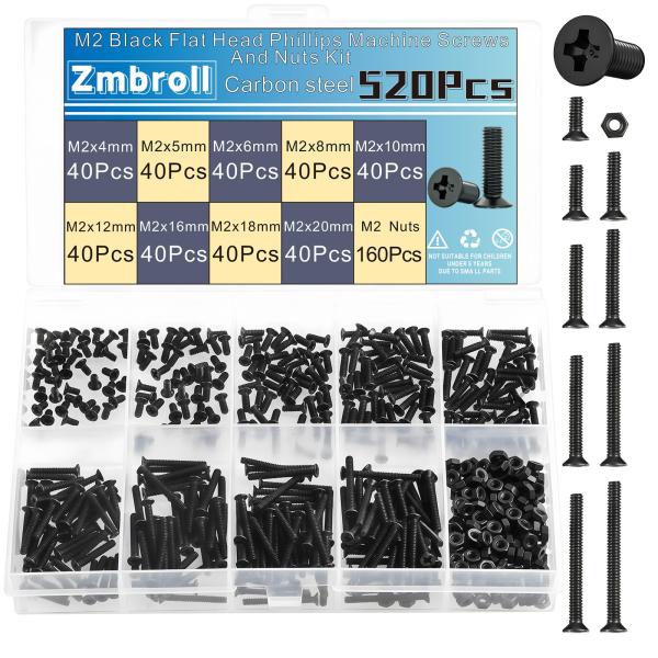 Zmbroll 520個 フラットヘッド M2 機械ネジ 皿穴 M2x4/5/6/8/10/12/16/18/20mm ブラック カーボンスチール ス