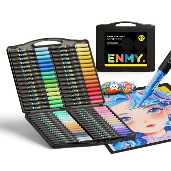 ENMY 60色セット 直液式 アクリルマーカー イラストマーカー 水性 筆ペン アートマーカー 美術 漫画 ファブリック 編み物マーカー キャンバス