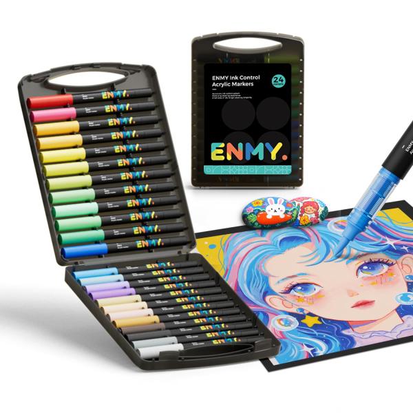 ENMY 24色セット 直液式 アクリルマーカー イラストマーカー 水性 筆ペン アートマーカー 美術 漫画 ファブリック 編み物マーカー キャンバス