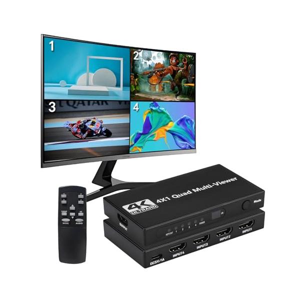 4K@30Hz HDMI 画面分割器 4入力1出力 hdmi画面分割切替器 画面切り替え器 1080P ４画面同時表示 クアッドマルチビューアー DV
